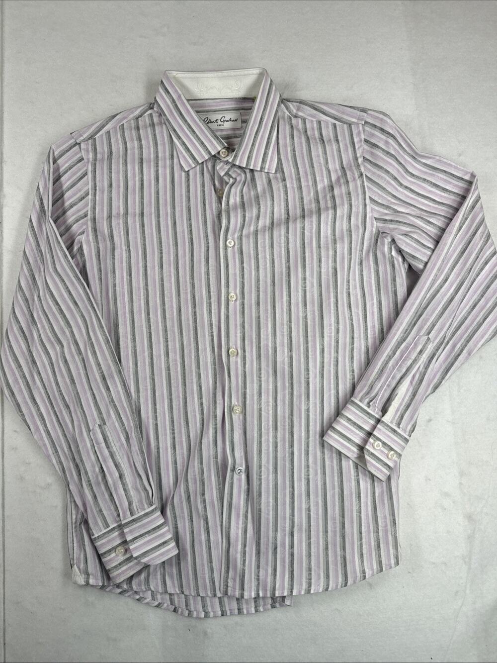 Robert Graham Button Up Kids 14-16 White Purple Stripes Preppy Funky Long Sleeve